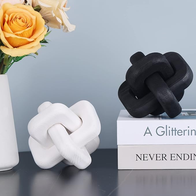 Wood Knot Decor Boho Hand-Carved White Wood Chain Knot Decor for Bookshelf, Shelf, Entryway Table, Coffee Table, Living Room TV Stand, Farmhouse Rustic Decor Aesthetics (White)