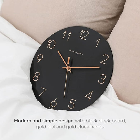 mooas Flatwood Black Wall Clock,12" Non-Ticking Sweep Movement Decorative Modern Battery Operated Decorative Wall Clock for Home Living Room Kitchen Bedroom Office School Cafe Hotel (Black)