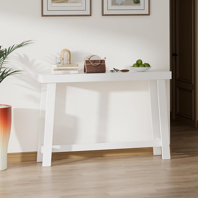 Bamboo 47.2" Narrow Console Table, Wood Farmhouse Side Table, Rectangular Entryway Table, Modern Sofa Table Behind Couch with Storage Shelves for Entrance, Living Room, Hallway, Foyer (White)