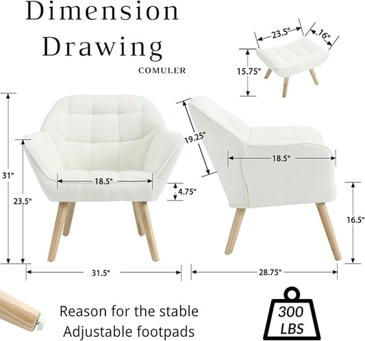 White Sherpa Accent Chair with Ottoman ,Modern Reading Chair with Ottoman Set, Comfy Fuzzy Armchair Living Room Chair Lounge Chair with Wood Legs for Small Spaces Bedroom Apartment