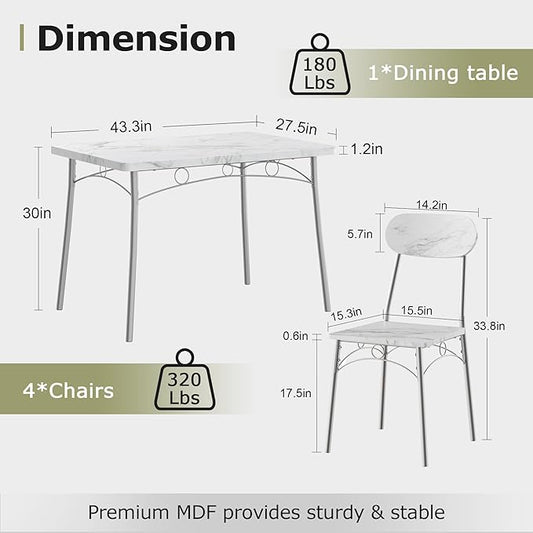 VECELO Dining Table Set for 4, 5-Piece Kitchen Table with 4 Chairs, MDF Board Tabletop with Metal Frame for Small Space, Compact Dinette, Breakfast Nook, White