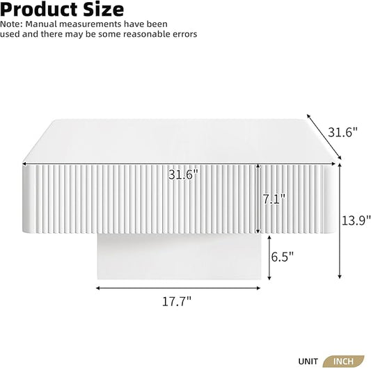 31.6 Inch Square Drum Coffee Table, Modern Handcraft Fluted Drum Coffee Table, Wooden Square Center Table Cocktail Table with Stable Pedestal for Living Room Apartment (White)