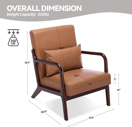 Mid Century Modern PU Leather Accent Chair, Living Room Chairs with Lumbar Pillow Boho Arm Chiar Reading Chair with Solid Wood Frame for Living Room Bedroom