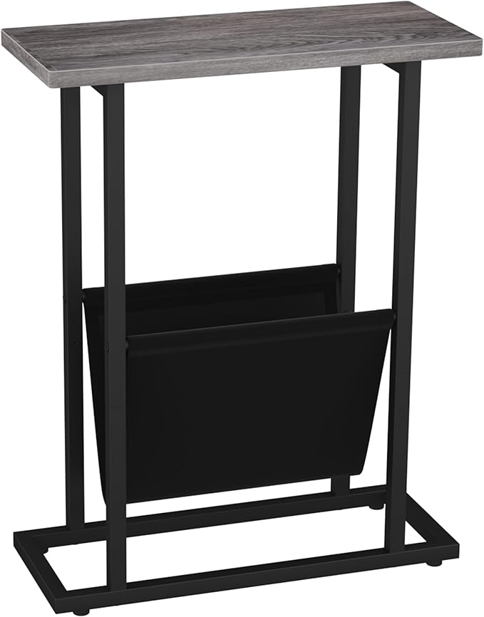 Yusong Narrow Side Table for Small Spaces, Small End Table with Magazine Holder, Skinny Slim Little Thin Table for Living Room, Bedroom, Sofa, Grey Oak