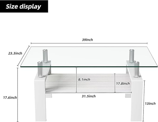 Modern 2-Tier Coffee Table with Tempered Glass Top, MDF Shelf & Metal Legs, Rectangular Living Room Center Table, Sturdy & Stylish Table for Small Spaces, Lounge or Office