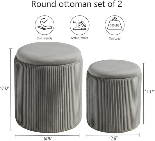 Round Ottoman with Storage Set of 2-Upholstered Velvet Vanity Stool for Makeup Multifunctional Ottomans Coffee Table Padded Seat Foot Rest for Living Room&Bedroom (Light Grey-Upgrade Tray Lid)