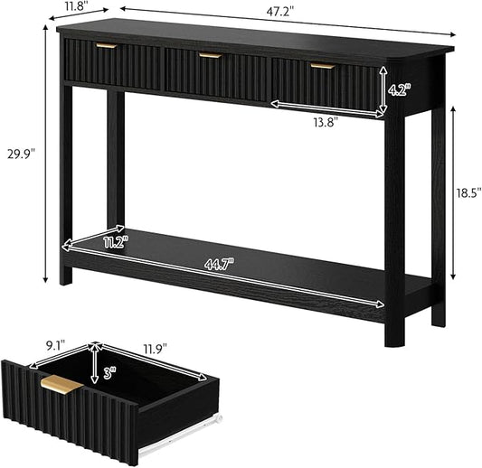 Fluted Console Table with Drawers, Modern 47.1" Entryway Table with Storage Shelf, Boho Narrow Skinny Behind Couch Wood Sofa Table for Living Room Hallway Entrance Foyer, Black