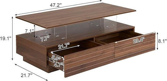 Merax 47.2" Modern Rectangular LED Lights Coffee Table with 2 Drawers, Walnut