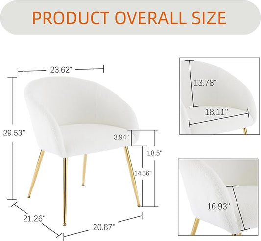 Modern Small Accent Chair, Comfy Sherpa Makeup Vanity Chair with Golden Metal Legs, Decorative Chair no Wheels for Living Room, Dressing Room, Bedroom, White
