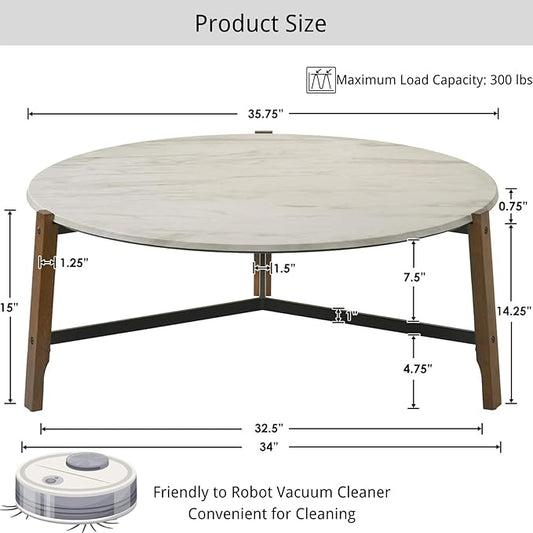 Modern Round Coffee Table, 36’’ Wide Wooden Side Table Mid-Century End Table with Wood Legs Metal Support for Living Room Bedroom, White