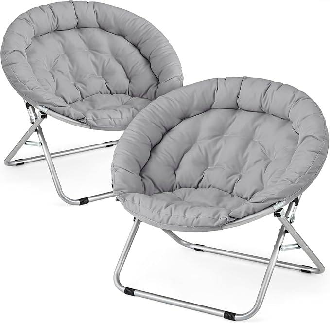 Athena Collection Comfy Saucer Chair, Folding Oversized Cozy Chair for Bedroom Living Room Fabric Reading Chair, Foldable Metal Frame Round Lazy Chair Moon Chair for Adult Set of 2, Gray