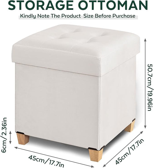 17.7" Square Ottoman with Storage, Storage Ottoman Foot Stool with Lid & Solid Wood Legs, Velvet Ottomans for Living Room, Bedroom, Dorm, White