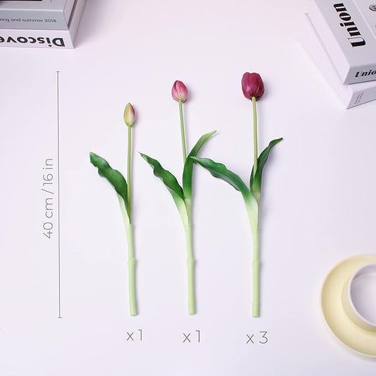 16-inch Premium Real Touch Fake Tulips, Artificial Flowers with Buds, Flexible Stem Easy to Shape, Faux Tulips (Vase not Included), 5-Pack Set of Royal Purple