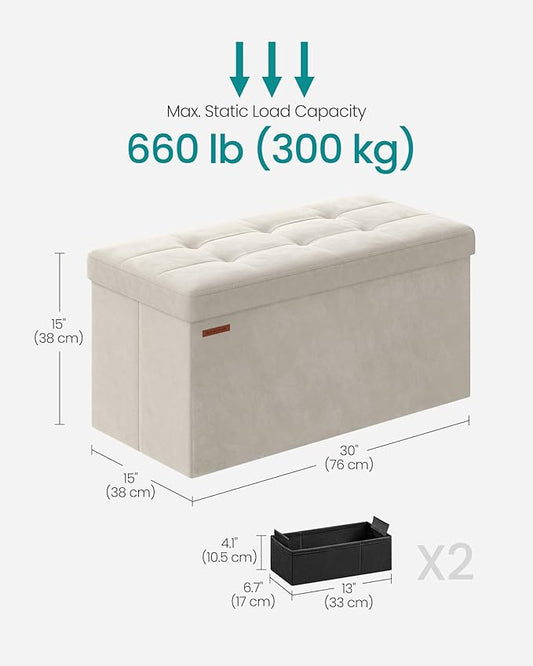 SONGMICS Mazie Collection - Storage Ottoman Bench, Foldable Foot Rest, 15 x 30 x 15 Inches, End of Bed Bench, Storage Chest, Load 660 lb, Living Room, Bedroom, Entryway, Cream White ULSF247W01