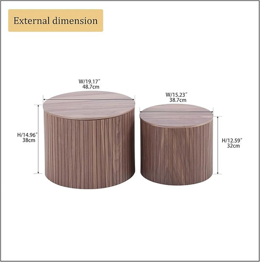 Nesting Coffee Table Set of 2, Modern Round Wooden Circle Accent Coffee Tables for Small Spaces Living Room Bedroom Balcony Office Drum Side Table