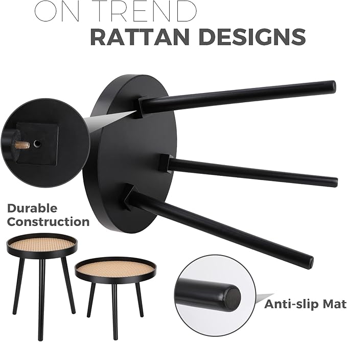 Rattan Round Side Table, Black Small End Table, Accent Table, Modern Boho Bedside Table, Mid-Century Patio Side Table, End Tables for Living Room Bedroom Office Balcony