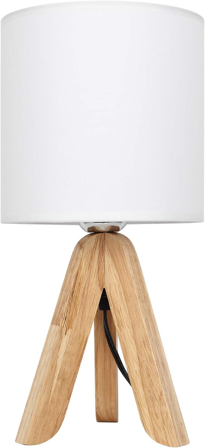HAITRAL Small Bedside Table Lamp - Wooden Tripod Nightstand Lamp for Bedroom, Living Room, Office, Farmhouse, Home with Fabric Shade, White