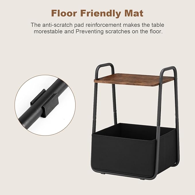 Rustic Brown Metal Frame Nightstand - Small Side Table with Fabric Storage Basket and Handle - Ideal for Bedroom & Living Room & Dorm