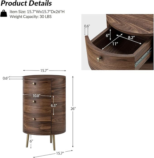 HULALA HOME Round End Table with 3 Storage Drawers, Mid Century Modern Sofa Side Table with Metal Legs, Farmhouse Wood Small Side Table for Living Room, Bedroom and Small Spaces, Walnut