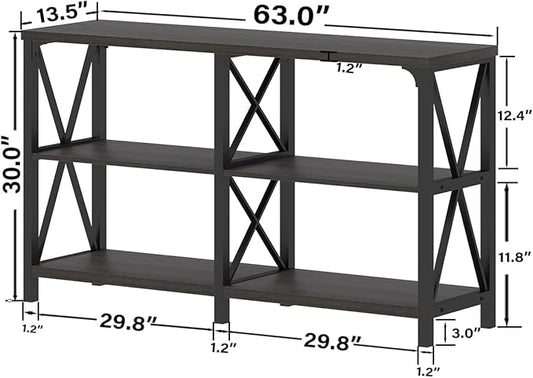 IBF Long Console Table, Industrial Entryway Table with Storage Shelves, Modern Metal Wood Sofa Table Behind Couch, Farmhouse 3 Tier Foyer Hallway Table for Entry Living Room, Dark Gray Oak, 63 in