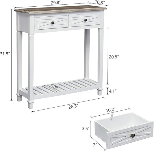 Console Table for Entryway with 2 Drawers, 30 Inch Long Entryway Table w/Open Storage Shelves and Handmade Metal Handle, Narrow Foyer Sofa Table for Living Room, Hallway, White