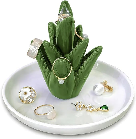 Aloe Ceramic Jewelry Tray, Ring Dish & Trinket Holder - Boho Room & Bathroom Decor for Women, Cute Desk Organizer - Gift for Her, Mom, Sister, Best Friend, Christmas, Birthday
