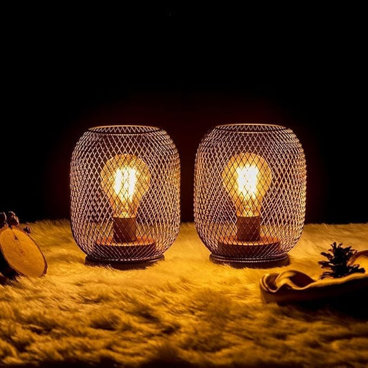 DECORKEY Set of 2 Battery Operated Lamp LED Table Lantern, Brown Metal Cage Cordless Lamps with LED Bulb,Vintage Decorative Outdoor Lantern for Weddings, Parties, Patio, Events for Indoors Shelf Decor