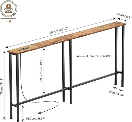 70" Narrow Console Sofa Table - Power Outlets & 2 USB Ports, Metal Frame, Rustic Brown, Perfect for Hallway, Office, and Behind Sofa - Easy Assembly, 4.9' Extension Cord Included