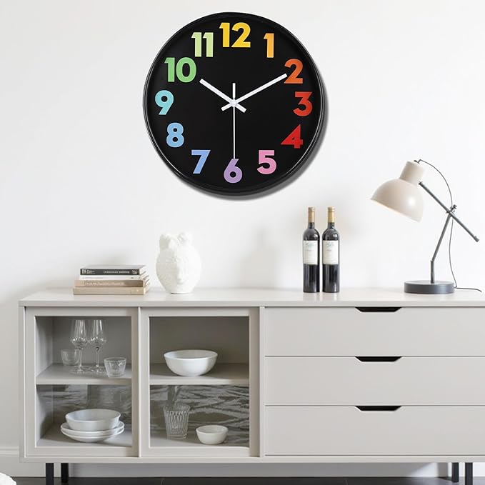 12 Inch Wall Clock for Kids Non Ticking Battery Operated Toddler Teaching Clock Silent Colorful Time Decorative Round Clock for Bedroom, Nursery Room, School, Home/Black