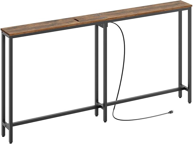 Narrow Console Table, 70.9" Behind Couch Table Skinny, Small Entryway Table with Power Outlets, Modern Hallway Table for Living Room, Entryway, Rustic Brown and Black CT15UBR