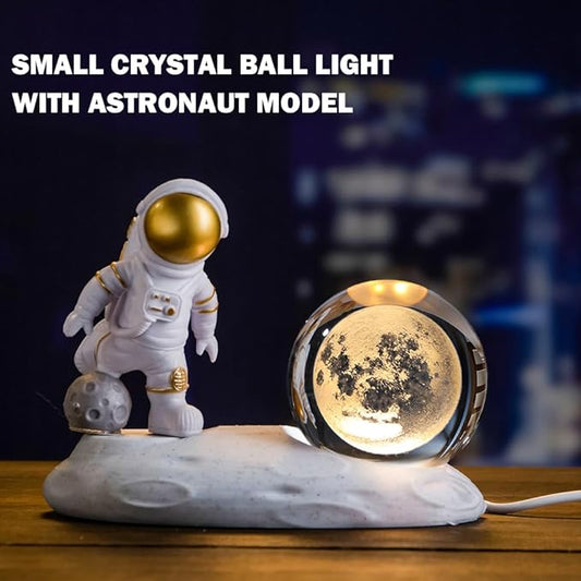 3D Astronaut Crystal Ball Night Light, 3D Inner Carved Crystal Ball Night Lamp, Glowing Crystal Ball with LED Light Base, Color Changing Light & Kids Birthday Gift (Gold, Moon)