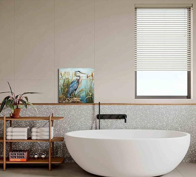 YUEYARIT Bathroom Decor ardea herodias Wall Art Ocean Theme Blue sea Picture Heron Canvas Print Modern Coastal Artwork Framed Hanging Dining Office Living Room