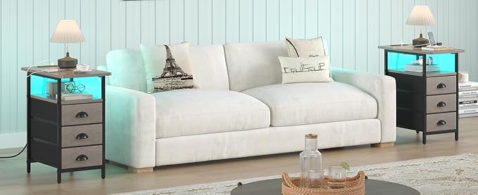 End Table with Charging Station,LED Side Tables with USB Ports and Outlets,Narrow Nightstands Bedside Tables with 3 Drawers for Small Space,Slim Sofa Table for Livingroom,Grey