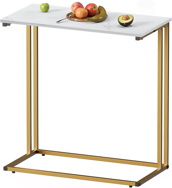 C-Shaped Side Table, Modern End Table with Metal Frame, Space Saving Design for Living Room,Large Surface Couch Table for Bedroom, and Home Office,24 x 12 x 24 inches (Marble White)