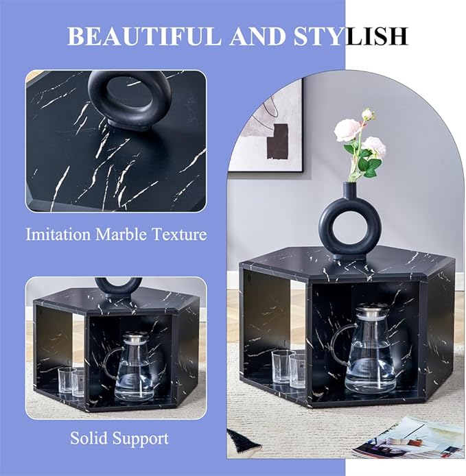 Side Table, Geometric End Table with Storage, Black Hexagon Table for Books, Decor & Drinks, Bedside Table for Small Spaces, No Assembly Required - Ready to Use