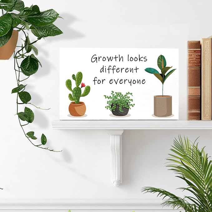 LVQHI Inspirational Wood Block Sign,Growth Looks Different for Everyone Plant Motivational Wooden Block Sign for Home Bedroom Office Desk Table Decor,Inspirational Gift for Coworker Friend 10x6 IN