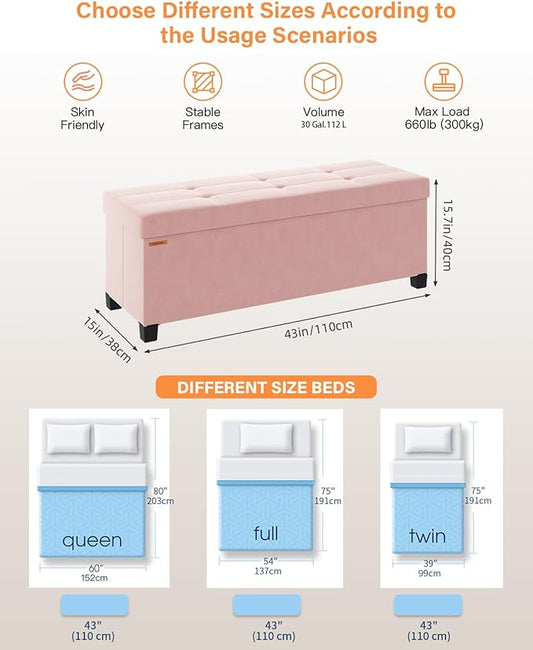 Foldable Storage Ottoman Bench, Velvet Footrest and Seat Cube with Feet, Storage Chest, for Living Room, Bedroom and Office, 15 x 43 x 15.7 Inches, Jelly Pink, ASND24P