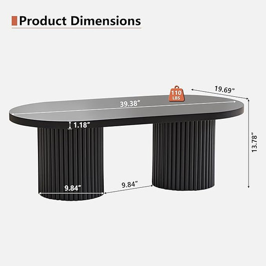 AVZEAR Oval Fluted Coffee Table for Living Room, Mid Century Modern Coffee Table with Fluted Legs, Curved Round Wooden Center Table for Home, Office, Cafe, Black (39.38" x 19.69" x 13.78")