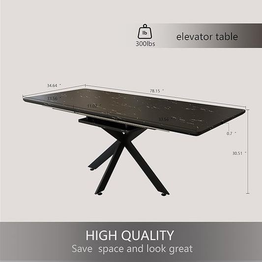 Marble Dining Table for 4-8, 62.4''-78.15'' Extendable Dining Table, Modern Kitchen Table, Space Saving Rectangular Table for Office and Dining Room(Black)