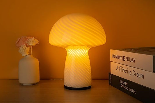 Dimmable Mushroom lamp,Glass Mushroom Bedside Table Lamp Translucent Vintage Style Striped Small Nightstand Desk lamp Swirl Light for Home Decor, Dining, Living, Bedroom, Gift.(Stripe White)