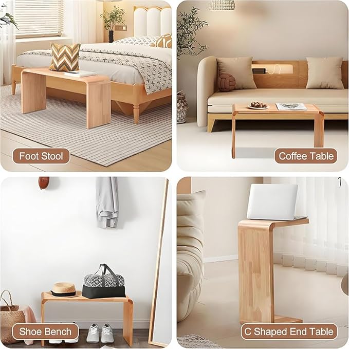 CHSSIH C Shaped End Table for Couch - Wooden Sofa Side Table, Slide Under Couch Table for Living Room, Bedroom, Laptop, Coffee, Small Space Narrow Furniture, Natural