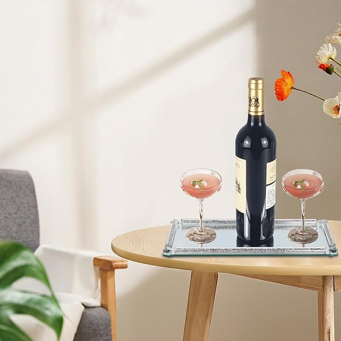 Silver Glass Vanity Tray,Perfume Tray,Mirror Trays for Bedroom Dresser,Decorative Tray for Home Decor Christmas Brithday Gift(Silver Crushed Diamond)