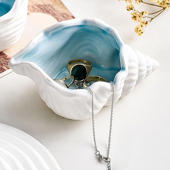 Conch Shape Jewelry Dish Ceramic Holder Ring Trinket Tray, Ocean-themed Decorative Trinket Dish, Suitable for Mother Friend Sister, Gifts for Women, Home Decor Trinket Dish(Sea Blue)