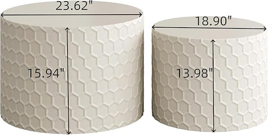 Kevinplus Round Nesting Coffee Table Set of 2, Modern Circle Drum Side Table for Living Room, Contemporary Coffee Table Set, No Assembly, White/Beige