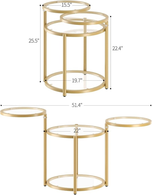 Round Glass Coffee Table - 4 Tier Coffee Tables for Living Room with Rotating Top, Circle Coffee Table with Storage, Modern Clear Center Table with Metal Frame for Small Space, Office, Gold