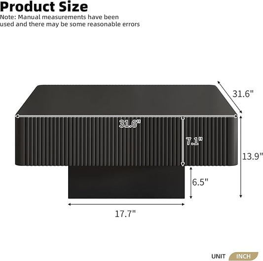 31.6" Square Wood Coffee Table Modern Black Fluted Coffee Tables for Living Room Drum Coffee Table with Sturdy Pedesta Circular Center Table for Apartment Living Room,Easy Assembly
