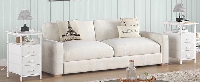 End Table with Charging Station, Side Tables Livingroom with USB Ports and Outlets,Narrow Nightstands Bedside Tables with 3 Drawers PU Finish for Small Space,Slim Sofa Table Bedroom,White