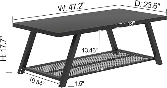 FOLUBAN Black Coffee Table, Modern Rustic Wood and Metal Living Room Table with Storage Shelf, Industrial Rectangle Cocktail Tea Table, 47 Inch