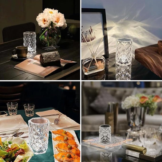 Portable Crystal Table Lamp, 3-Color Touch Control Rechargeable, 3-Levels Brightness Room Decor, Crystal Bedside Night Light for Kids, Bedroom & Dining Room (3-Color Rose)