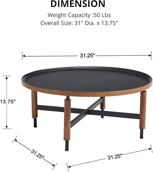 HEAH-YO 35" Round Coffee Table, Wood Tray Top Accent Table with Walnut Wrapped Metal Legs, Industrial & Farmhouse Nesting Tables for Living Room/Office Reception, Black